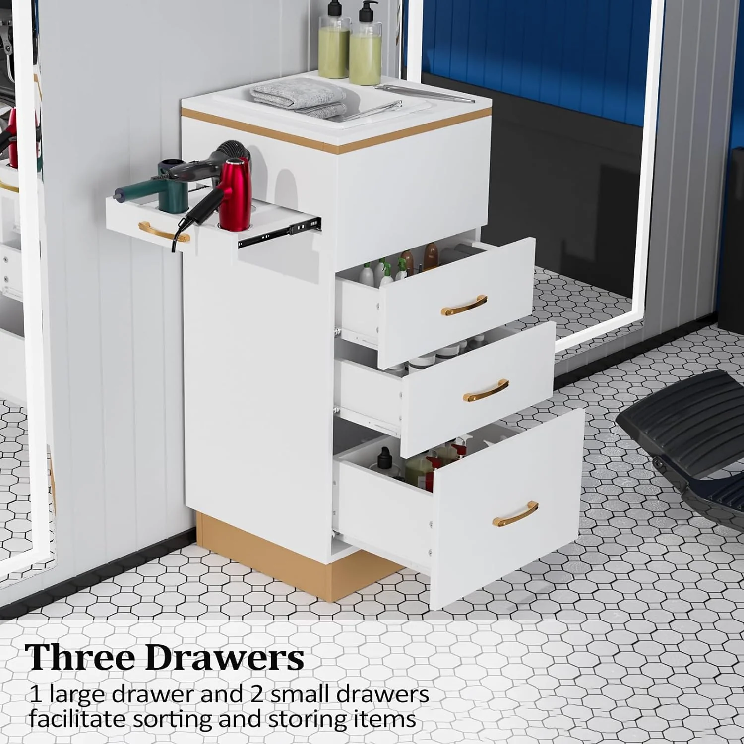 OmySalon Salon Storage Station, Barber Stations Beauty Salon Spa Equipment with 3 Drawers, a Storage Basin, 3 Hair Dryer Holders for Hair Styling, White Gold