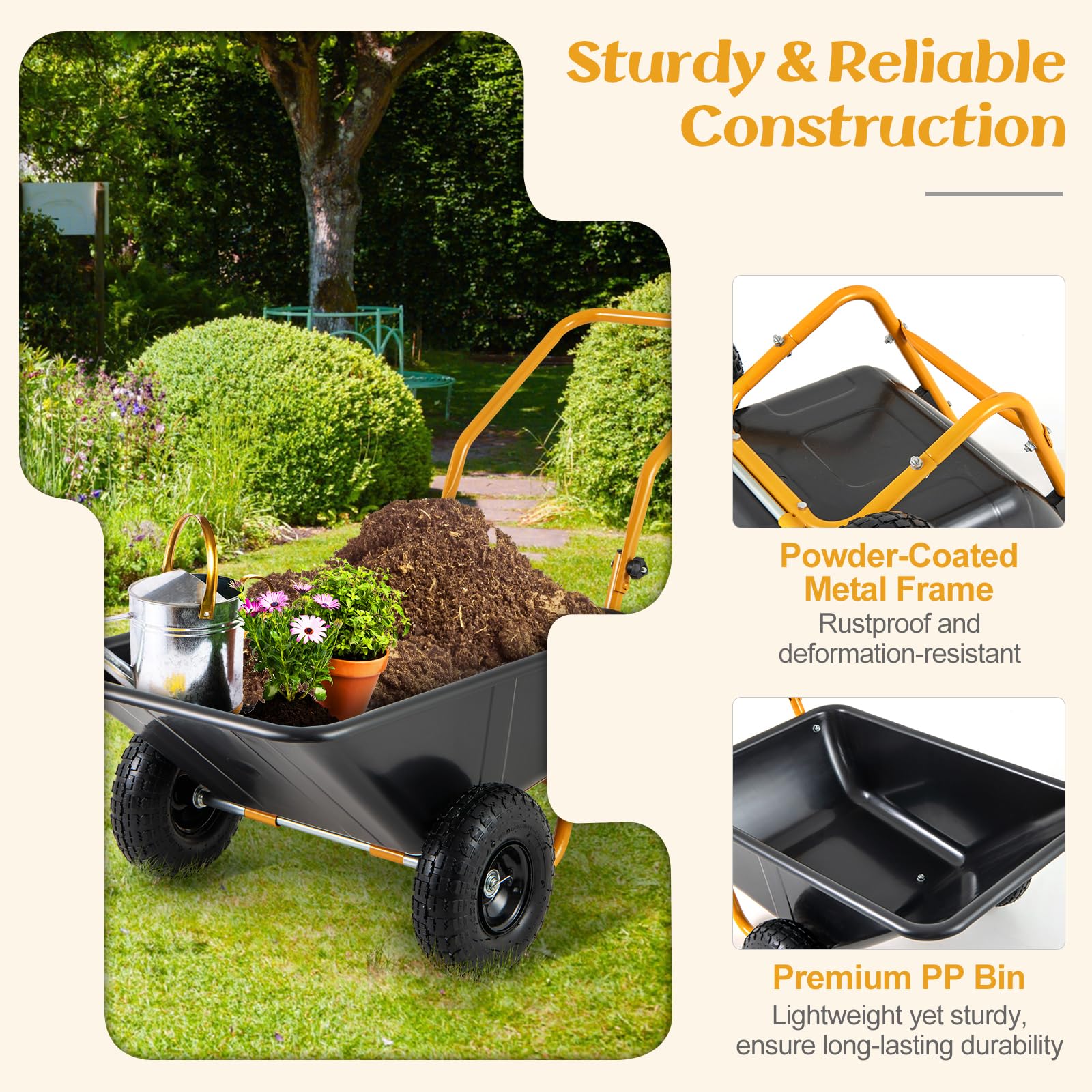 Dual-Wheel Wheelbarrow, Heavy-Duty Garden Utility Cart w/Pneumatic Tires, 330LBS Capacity