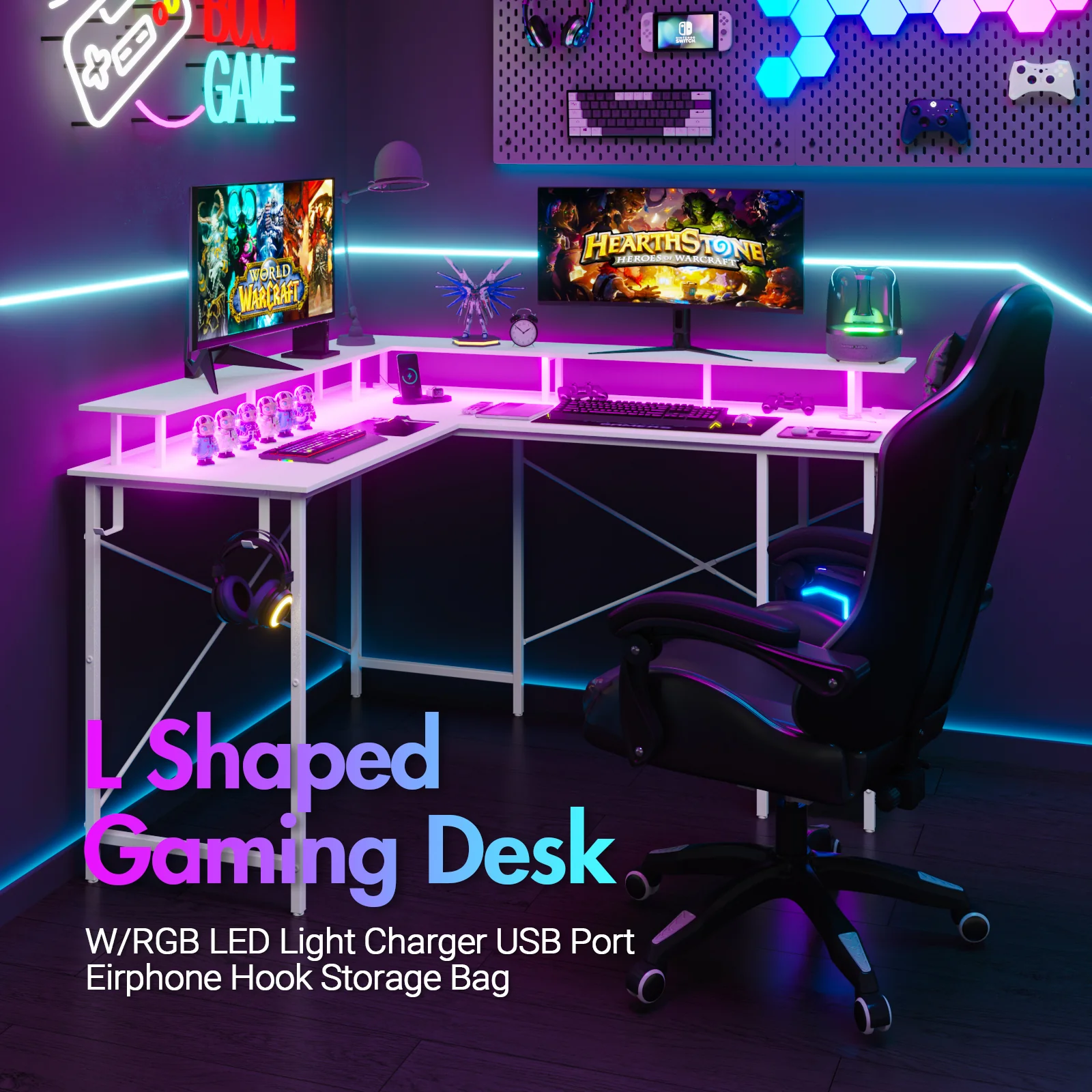 L Shaped Gaming Desk with LED Lights