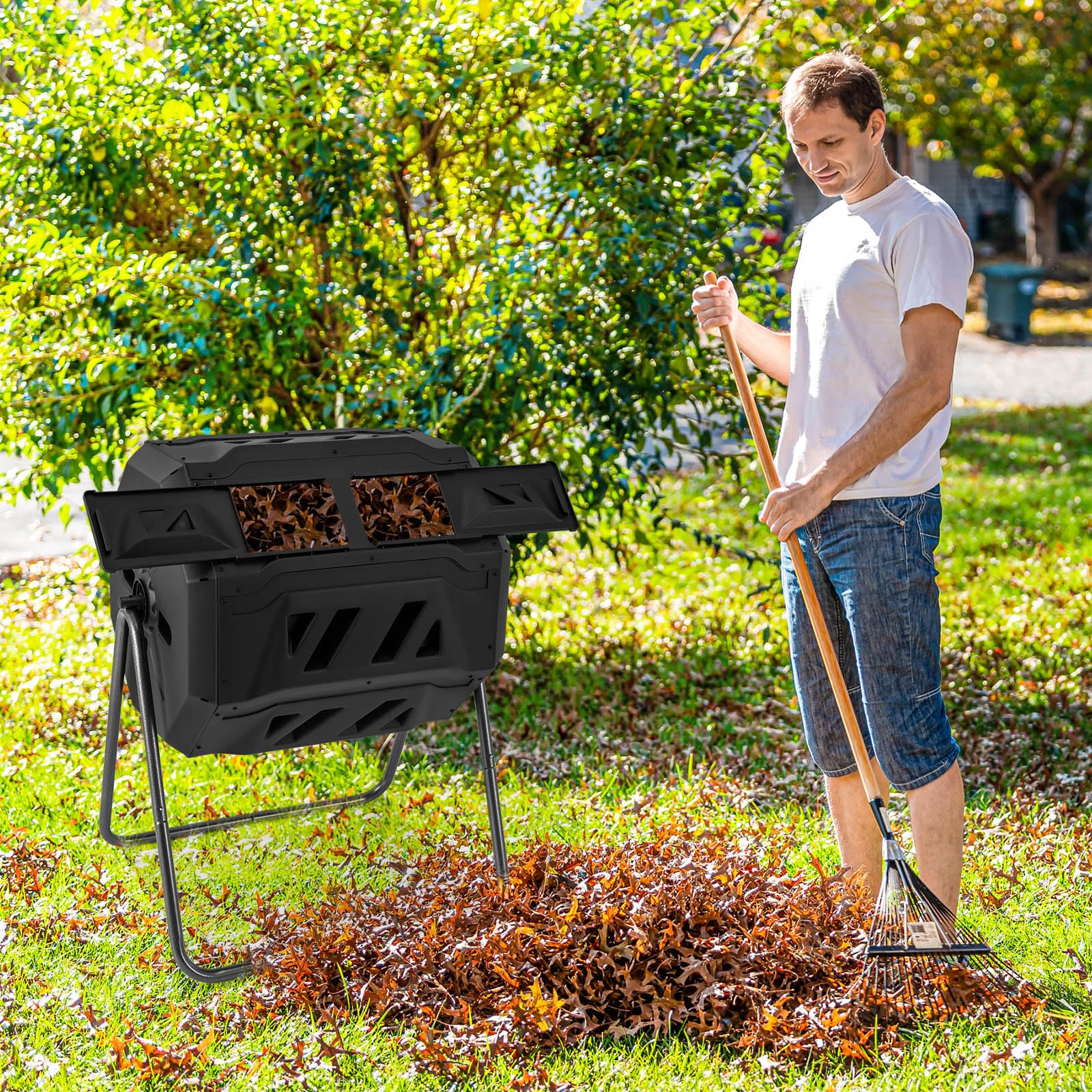 Compost Bin, 42-Gal Dual Chamber Composting Tumbler w/2 Sliding Doors, Heavy-Duty Metal Frame