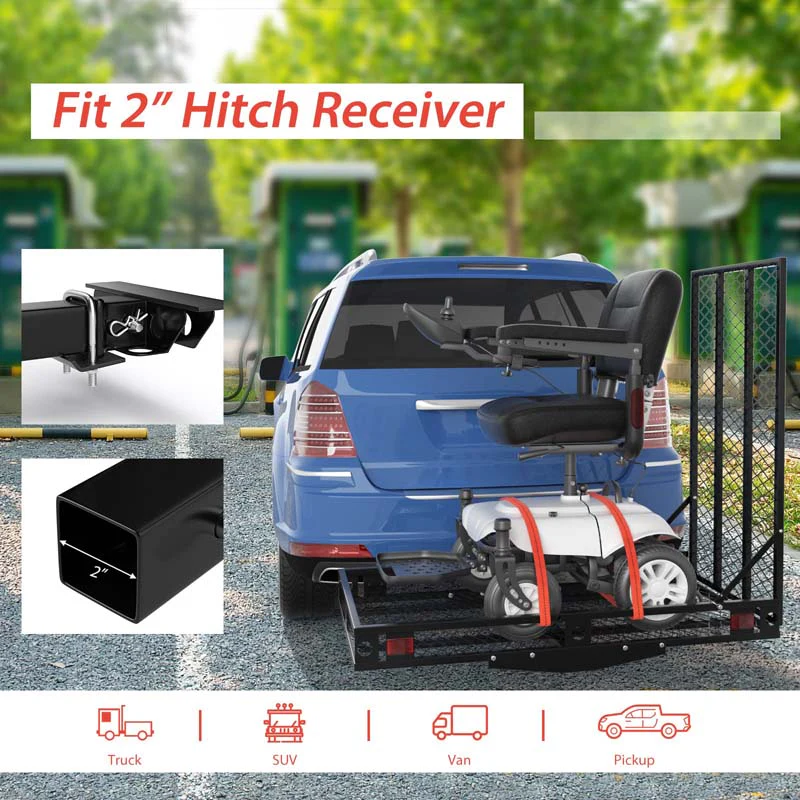 500 LBS Folding Hitch Mount Wheelchair Carrier, Mobility Scooter Loading Ramp w/2 Tie Down Straps, Heavy Duty Strong Hitch Cargo Carrier