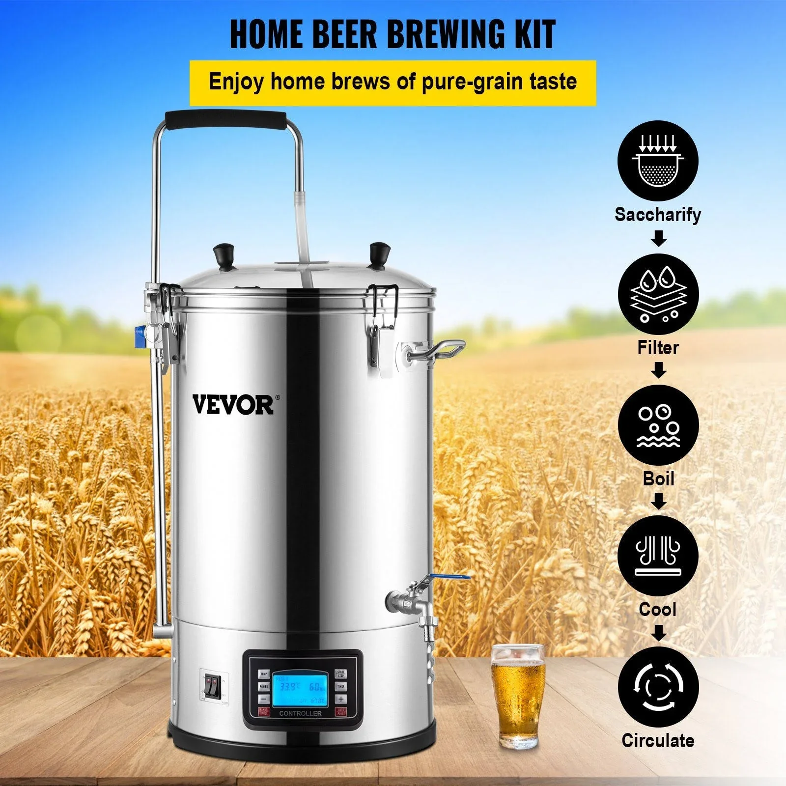 VEVOR Electric Brewing System 9.2 Gal/35 L Brewing Pot All-in-One Home Beer Brewer w/Pump - 9.6Gal