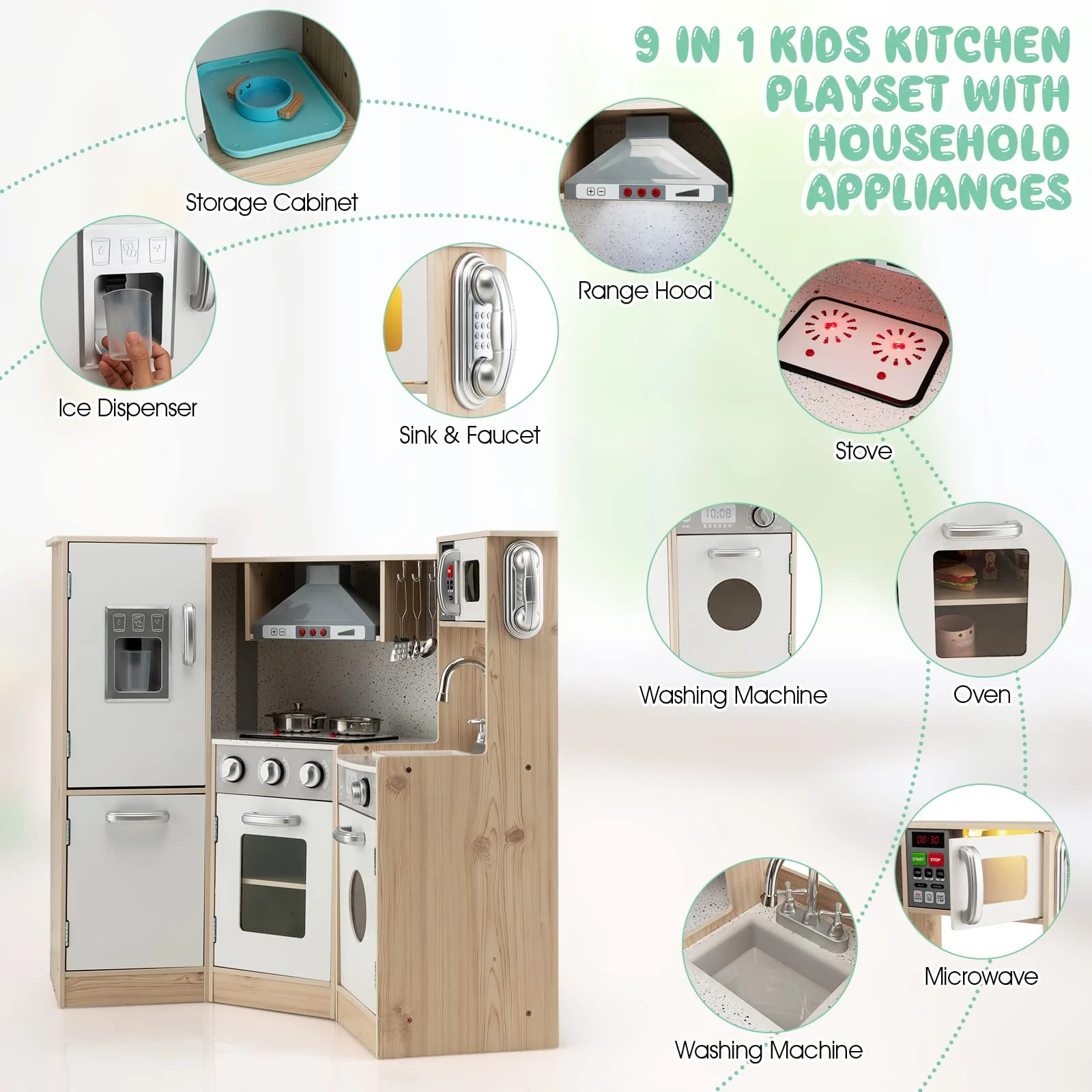 Kids Corner Kitchen Playset, 9-in-1 Wooden Pretend Play Kitchen Toy Set w/Realistic Light & Sound
