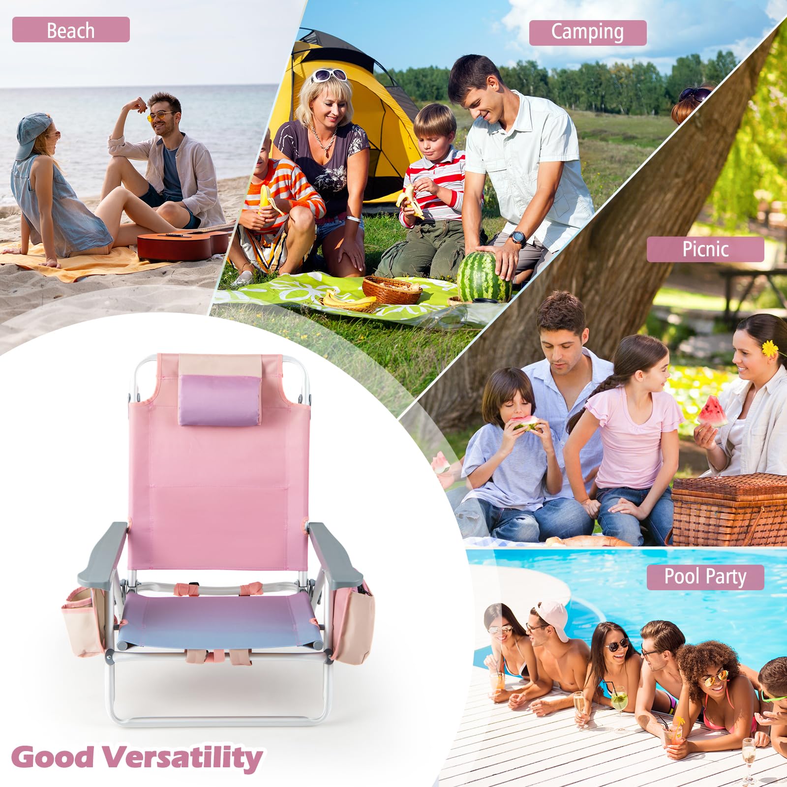 Backpack Beach Chairs, 4 Pcs Portable Camping Chairs with Cool Bag and Cup Holder