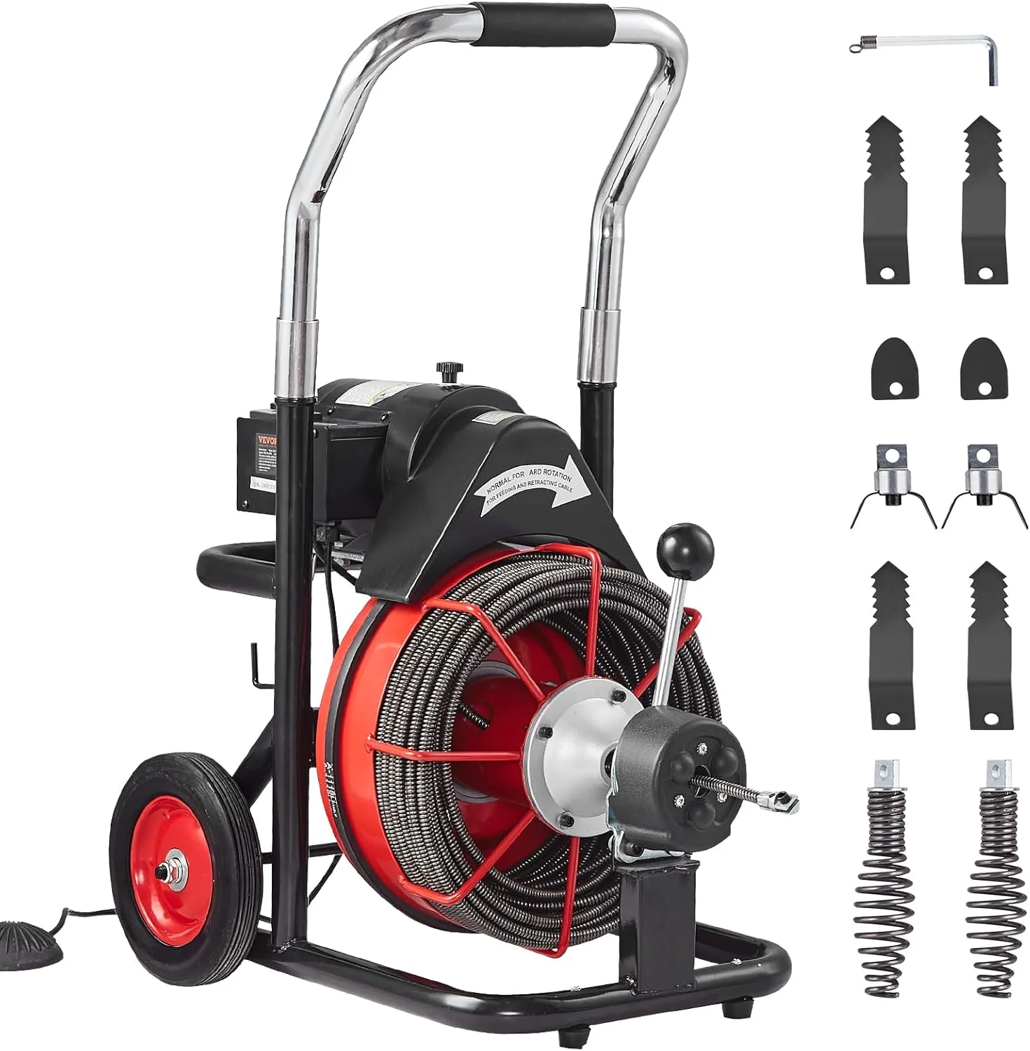 Drain Cleaner Machine 100FT x 1/2 Inch, Auto Feed Sewer Snake Auger on Wheels, 550W Portable Drain Cleaning Machine with 8 Cutters & Air-activated Foot Switch for 2