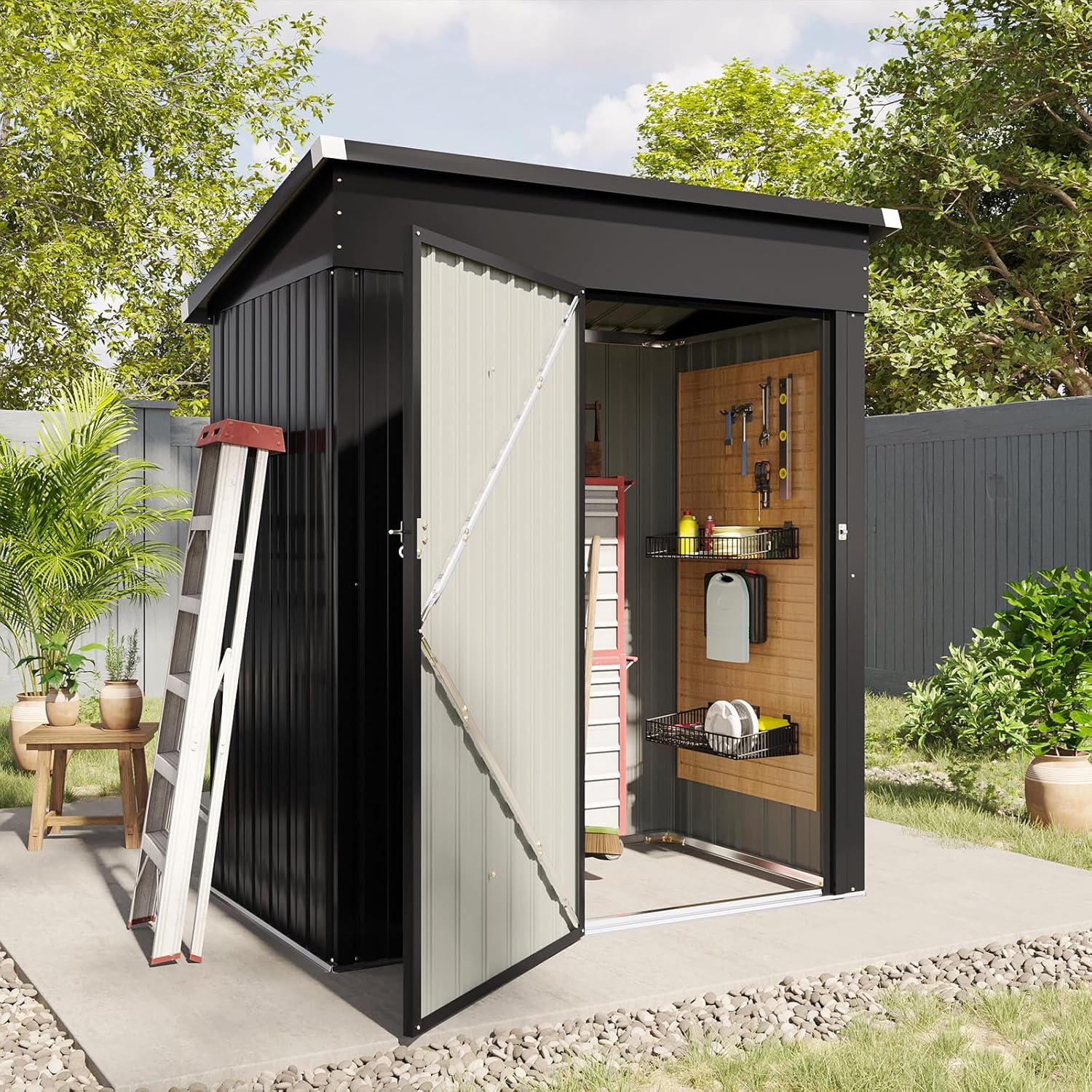 6.2x4 FT Shed Outdoor Storage Shed Metal Garden Shed with Lockable Doors & Slooping Roof Tool Shed Bike Shed for Backyard, Patio, Poolside (Brown)