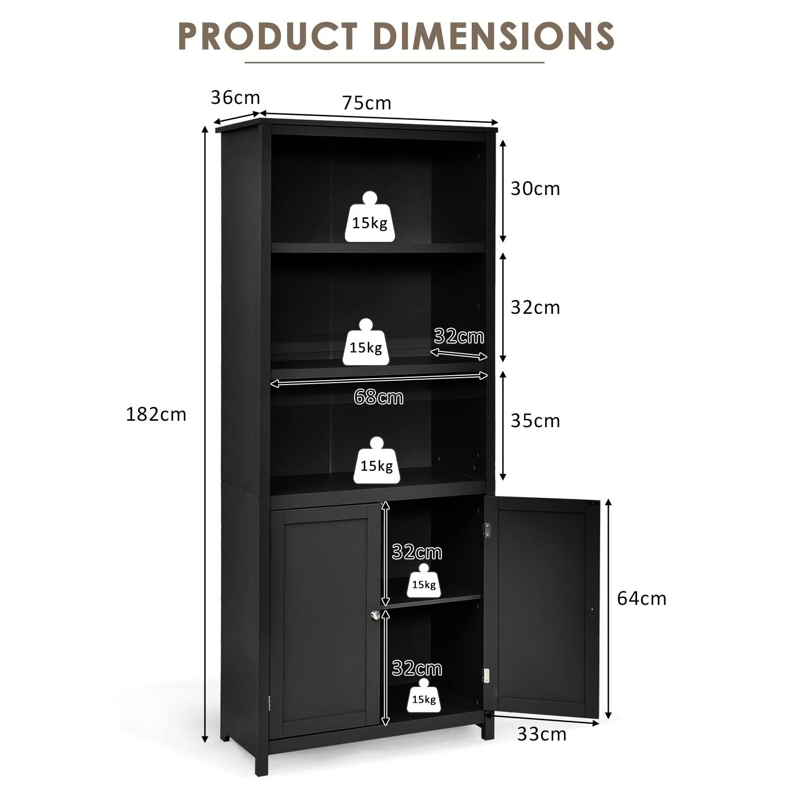 Giantex 182CM Bookcase with Doors, 3 Tier Open Book Shelving, Standing Wooden Display Bookcase