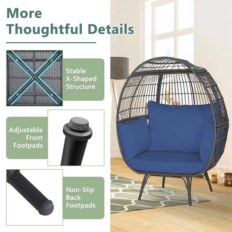 Oversized Wicker Egg Chair with 4 Cushions, Steel Frame Basket Chair Indoor Outdoor Patio Lounge Chair