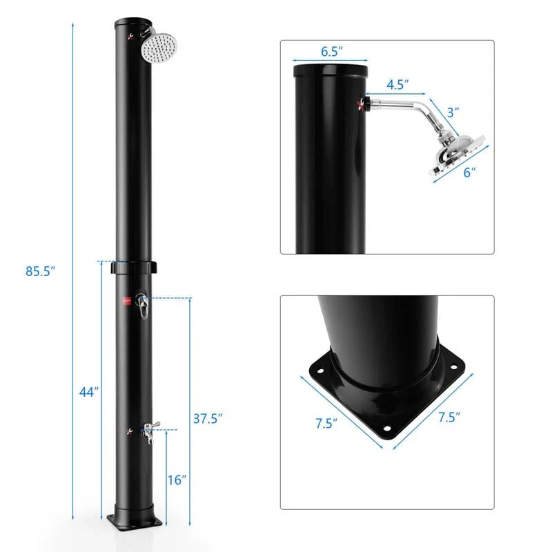 7.2 FT 10 Gallon Solar-Heated Outdoor Shower, 360�� Swivel Shower Head Freestanding Shower for Poolside Beach