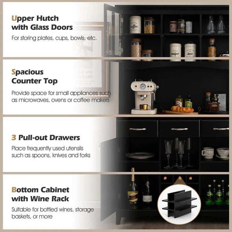 Wood Buffet Hutch Cabinet Kitchen Hutch Sideboard Kitchenware Server with 3 Large Drawers & 9 Wine Grids