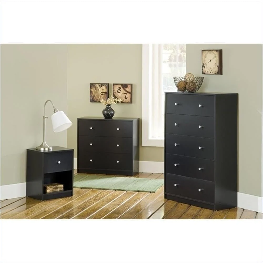 3-Pc Scandinavian Design Engineered Wood Bedroom Furniture Set with 3-Drawer Chest & 6-Drawer Double Dresser & 1-Drawer Nightstand, Pewter Plastic Handles, Smooth Plastic Glides, in Black