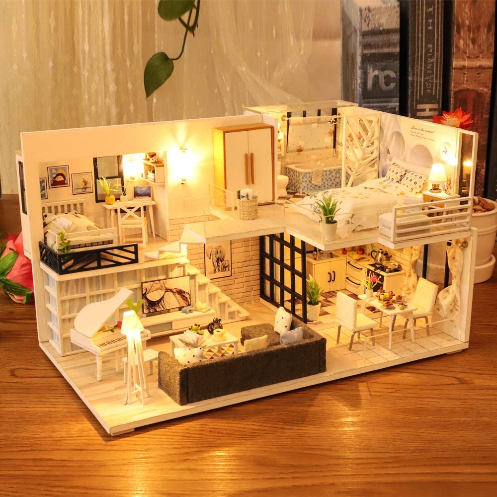 Dollhouse Miniature with Furniture Kit Plus Dust Proof and Music Movement - Happy time 1:24 Scale Creative Room Idea