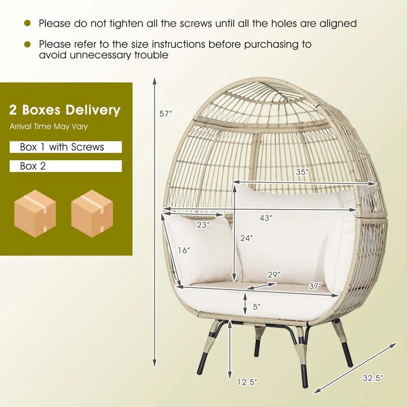 Oversized Wicker Egg Chair with 4 Cushions, Steel Frame Basket Chair Indoor Outdoor Patio Lounge Chair