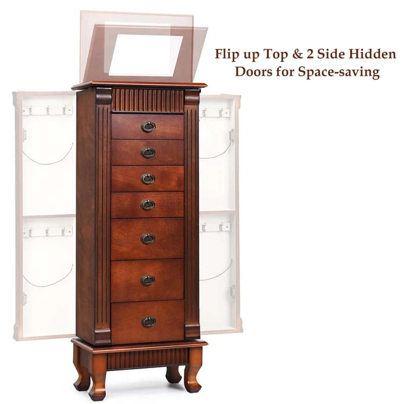 Large Capacity Standing Jewelry Armoire Cabinet Storage Chest with 7 Drawers, 2 Swing Doors & Makeup Mirror