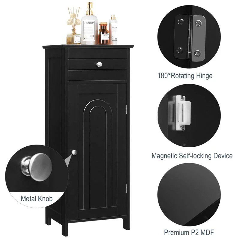 Free-Standing Wooden Floor Storage Cabinet w/Large Drawer & 2 Adjustable Shelves, Morden Side Storage Bathroom Organizer Cabinet