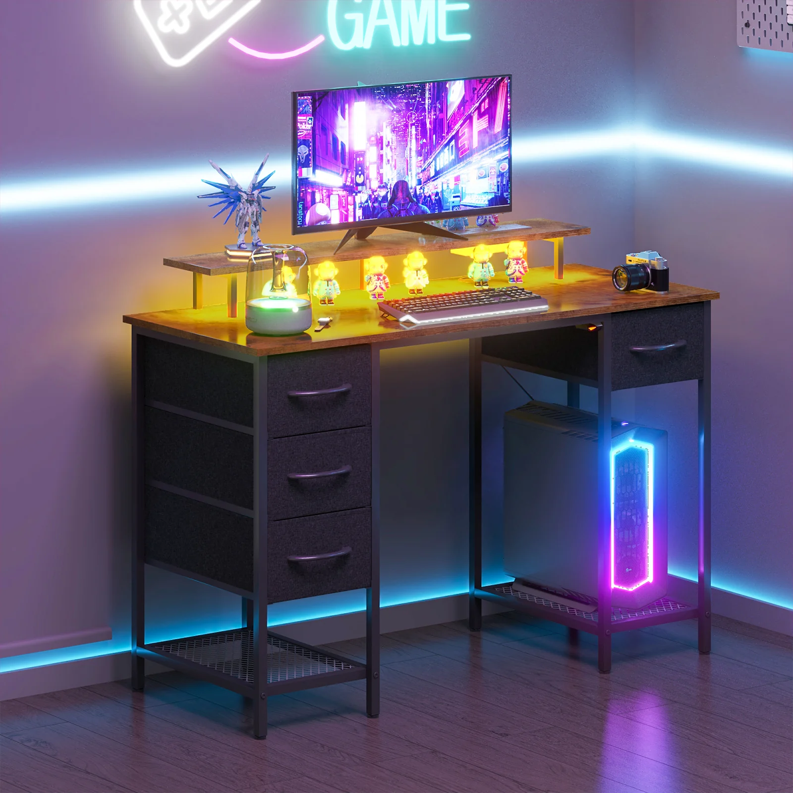 Gaming Desk with LED Lights with Monitor Stand 120cm