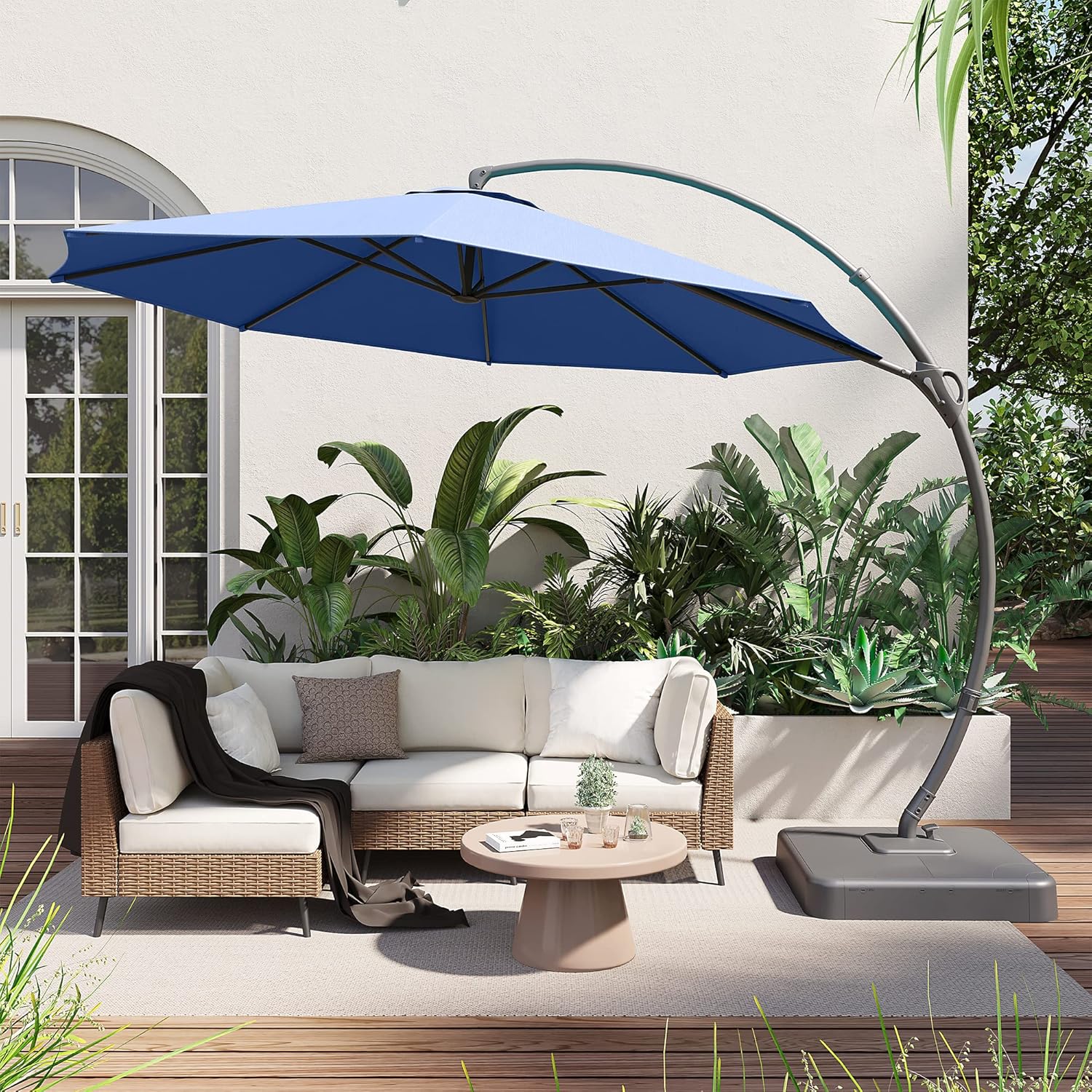 LAUSAINT HOME Outdoor Patio Umbrella with Base included, 11 FT Deluxe Curvy Cantilever Umbrella Heavy Duty Offset Hanging Umbrella with 360�� Rotation for Market, Pool, Garden, Backyard, Deck (Beige)