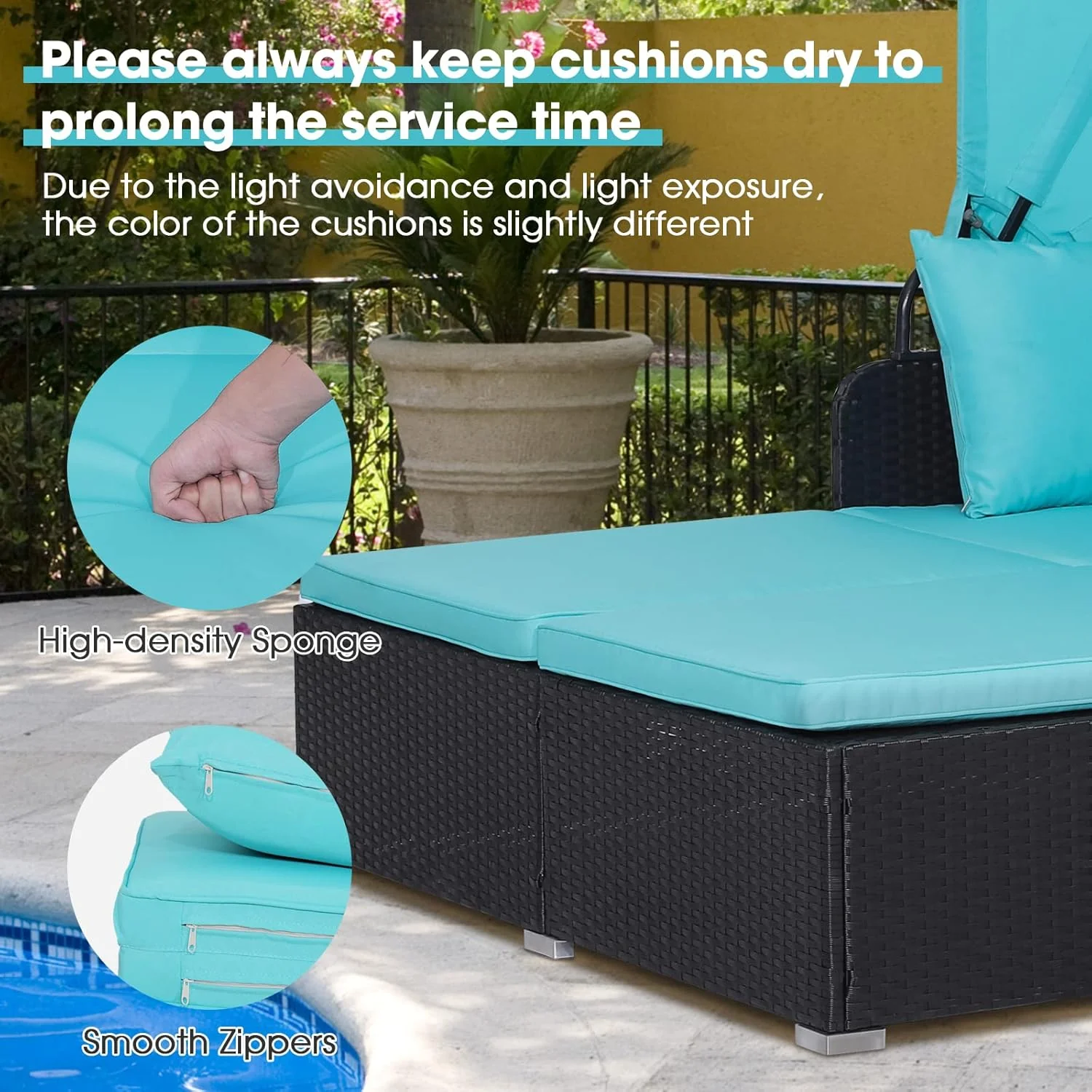 RELAX4LIFE Patio Outdoor Daybed with Canopy, Wicker Sunbed w/Cushions, 4 Pillows & 2 Retractable Side Trays, 2-Person Lounge Bed Conversation for Poolside Porch Garden, Rattan Outdoor Bed (Turquoise)