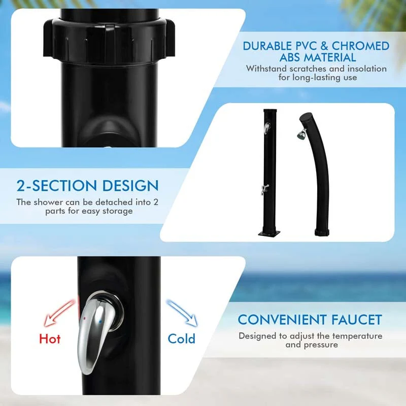 7.2 FT 5.3 Gallon Outdoor Solar-Heated Shower with 360�� Rotating Shower Head & Foot Shower for Poolside Beach