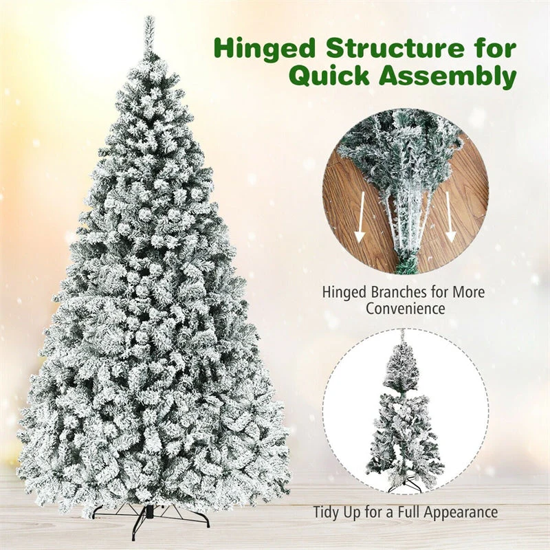 Premium Pre-Lit Snow Flocked Artificial Christmas Tree with Hinged Branch Tips & LED Lights