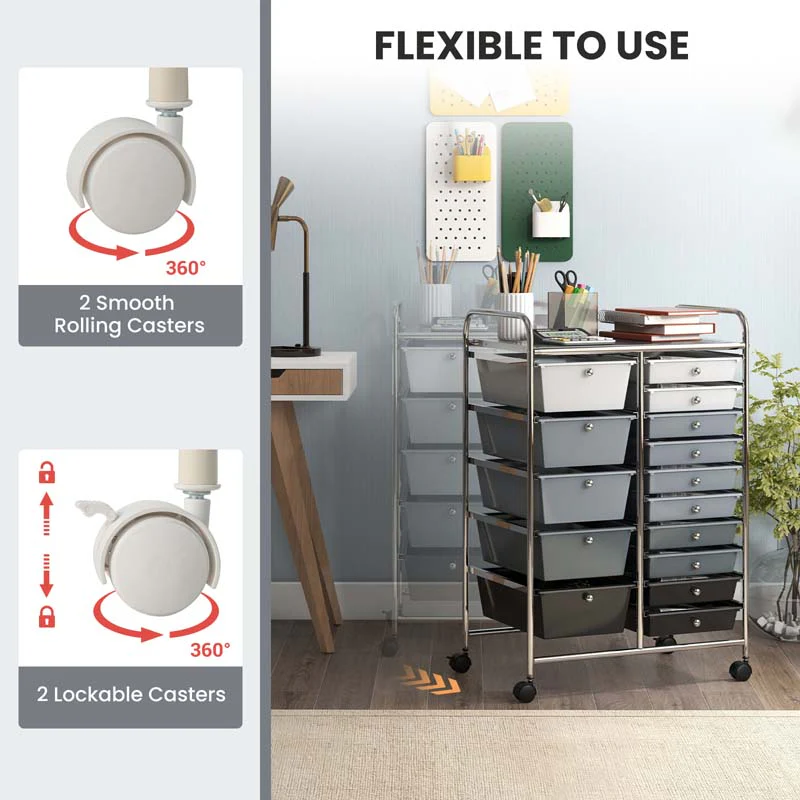 15-Drawer Storage Drawer Cart Tools Scrapbook Paper Organizer Cart Office School Utility Cart Rolling Storage Cart with Wheels