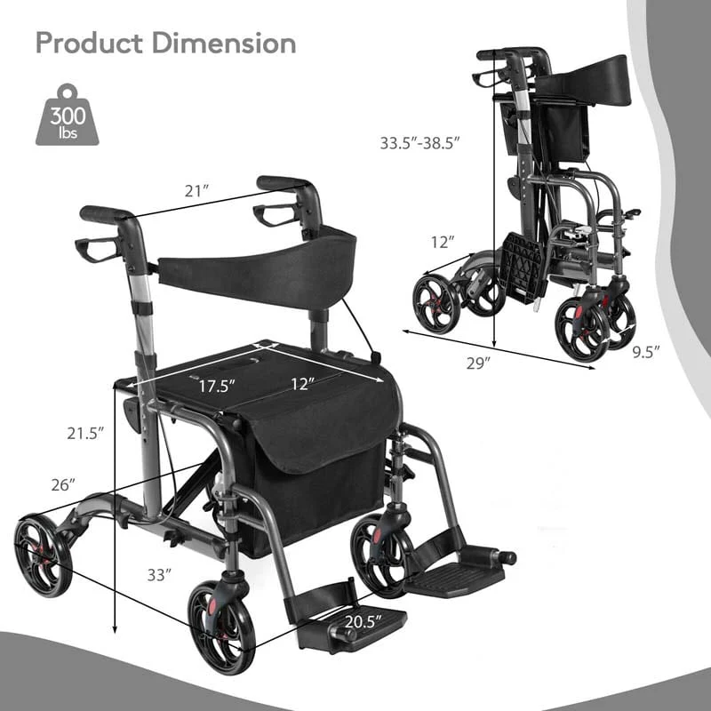 2 in 1 Rollator Walker Wheelchair Folding Medical Walker, Aluminum Transport Chair Mobility Walking Aid