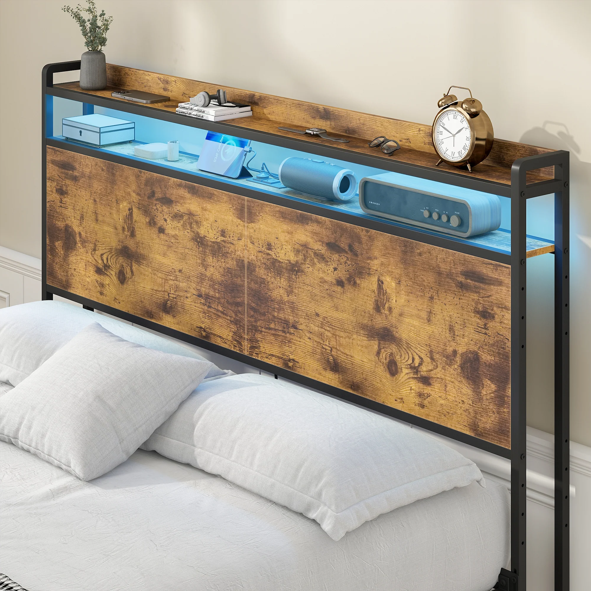 Storage Headboard with LED Light Charging Station