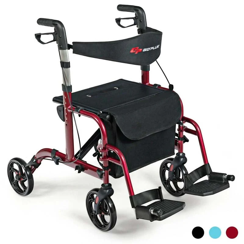 2 in 1 Rollator Walker Wheelchair Folding Medical Walker, Aluminum Transport Chair Mobility Walking Aid