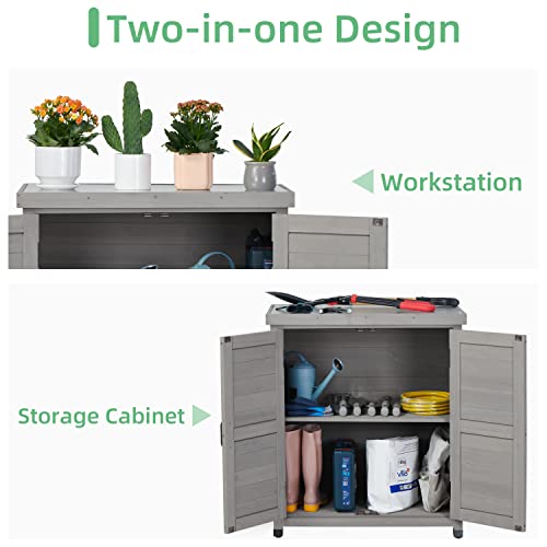 Potting Bench with Storage Cabinet and Metal Table Top for Outdoor Patio, Garden Furniture Wood Workstation