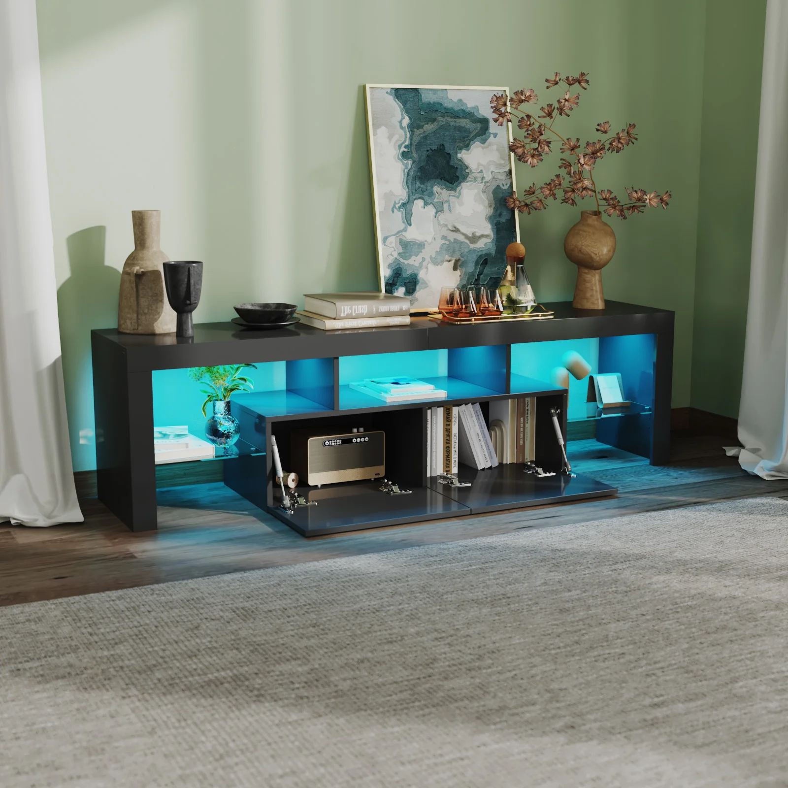 TV Cabinet 160cm RGB LED Entertainment Unit Black