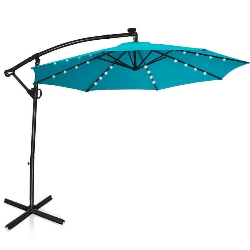 10 FT Patio Offset Umbrella with Solar Lights 360�� Rotation Outdoor Market Umbrella with Crank Handle & Cross Base