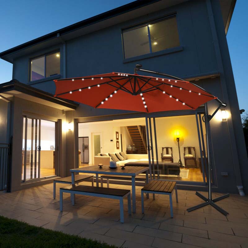 10 FT Patio Offset Umbrella with Solar Lights 360�� Rotation Outdoor Market Umbrella with Crank Handle & Cross Base