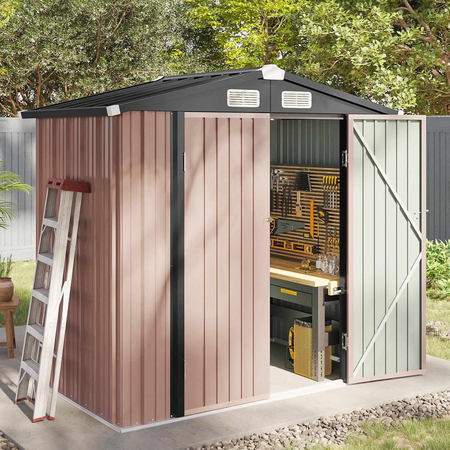 6.2x4 FT Shed Outdoor Storage Shed Metal Garden Shed with Lockable Doors & Slooping Roof Tool Shed Bike Shed for Backyard, Patio, Poolside (Brown)