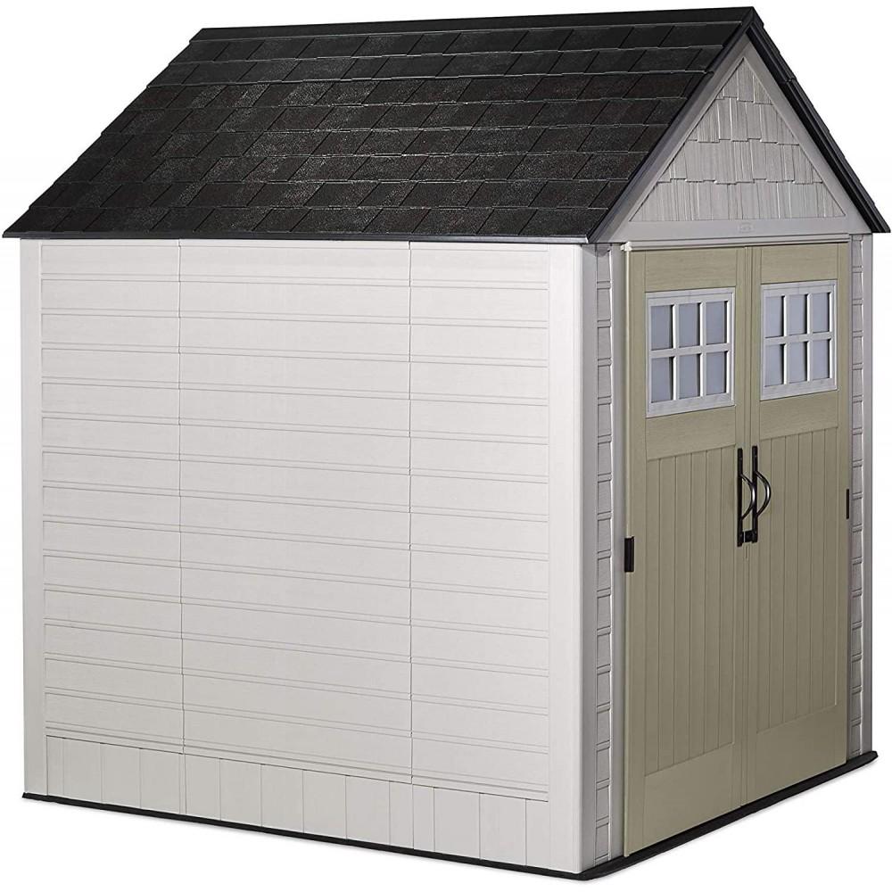 Rubbermaid 7��7 Ft Durable Weather Resistant Resin Outdoor Garden Storage Shed with Windows and Utility Hooks, Sand