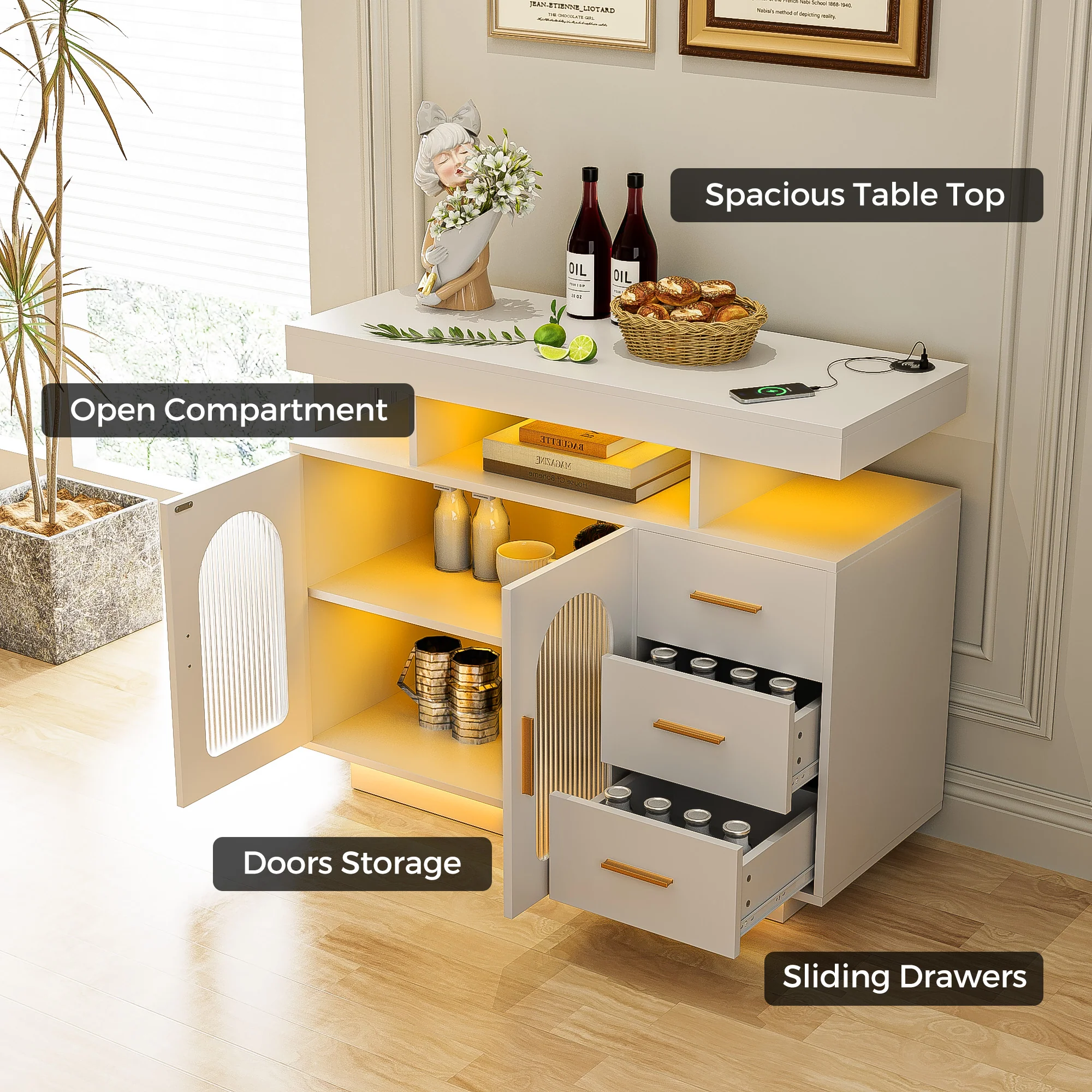 LED Sideboard Buffet Cabinet w/Charging Station