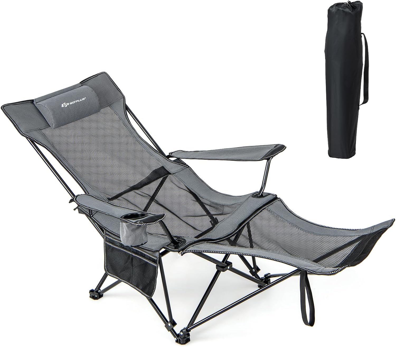 Goplus Reclining Camping Chair with Foot Rest, Folding Lounge Chair for Adults, w/Adjustable Backrest