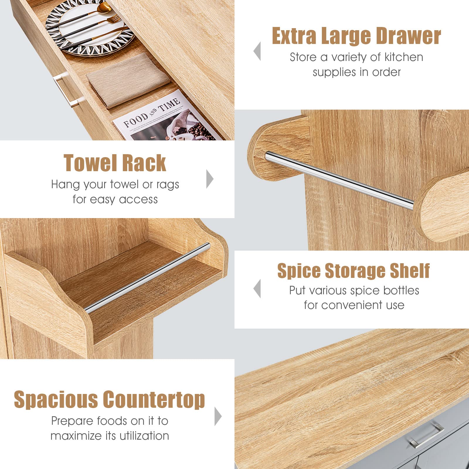 Giantex Wooden Rolling Kitchen Island, Storage Cart Trolley w/ Adjustable Shelf, Spice Storage Sgelf, Towel Rack & Drawer