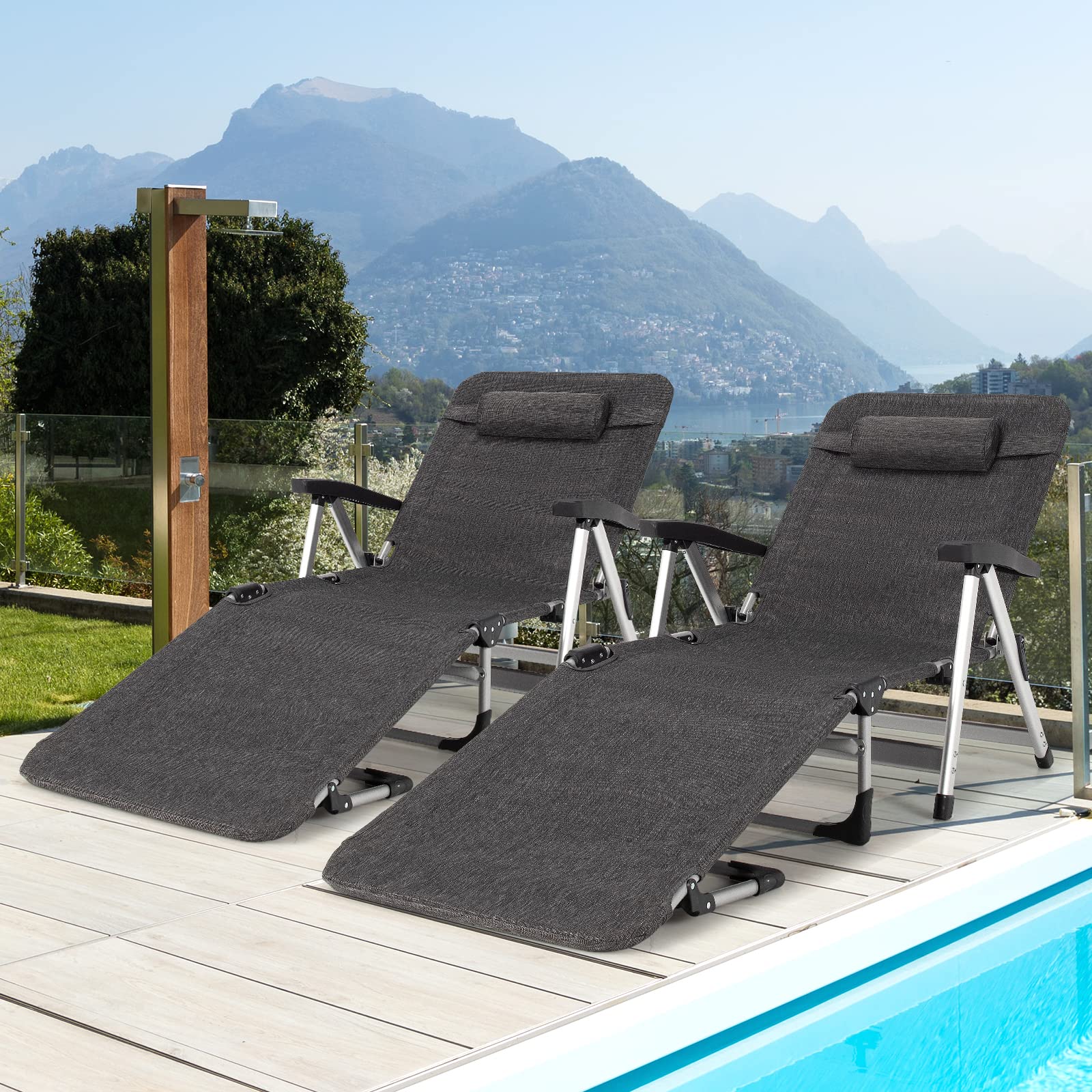 Chaise Lounge Chair, Folding Outdoor Patio Lounger with Cup Holder & Detachable Headrest