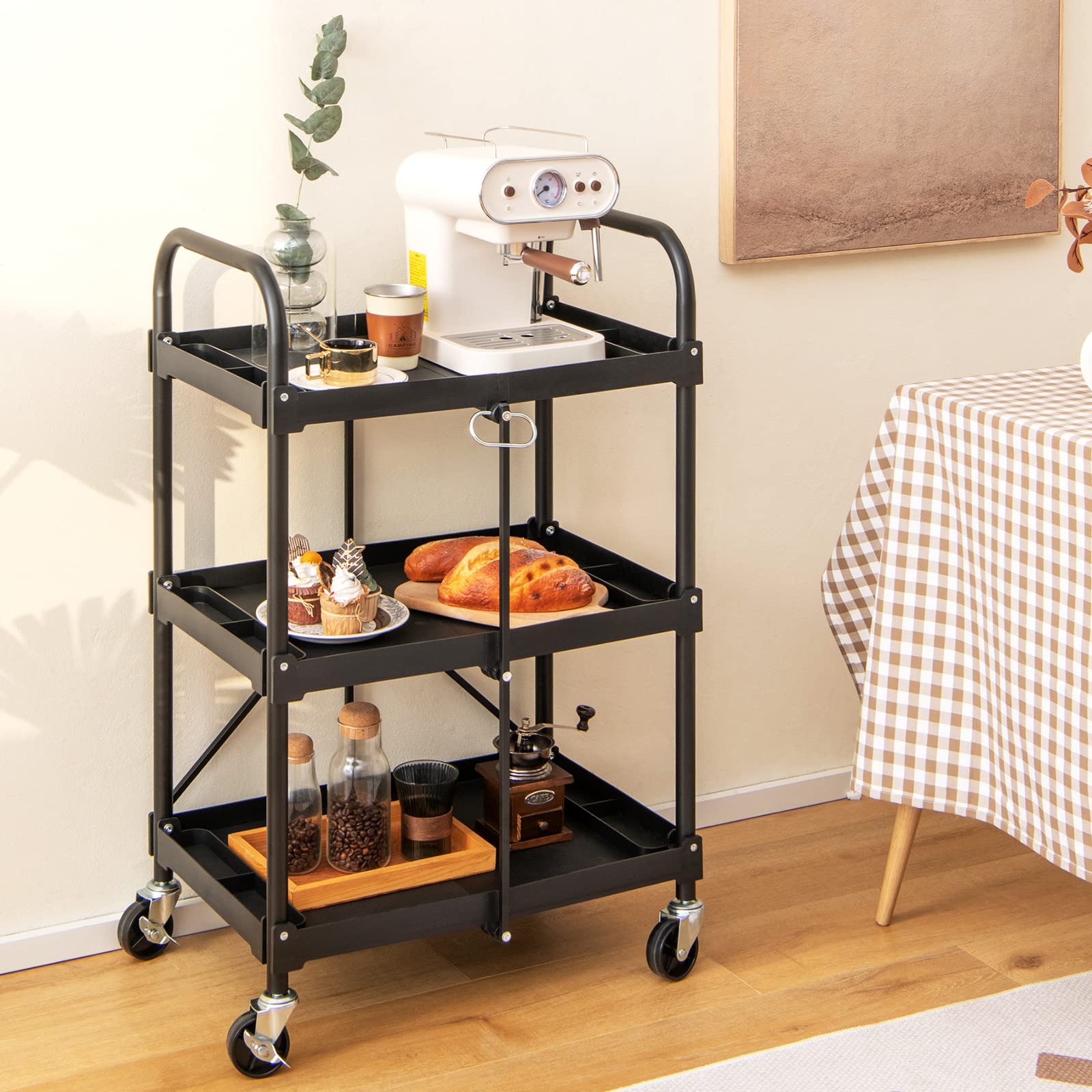 Folding Utility Cart, 3-Tier Rolling Tool Cart with Universal Wheels, 330 LBS Weight Capacity, Black