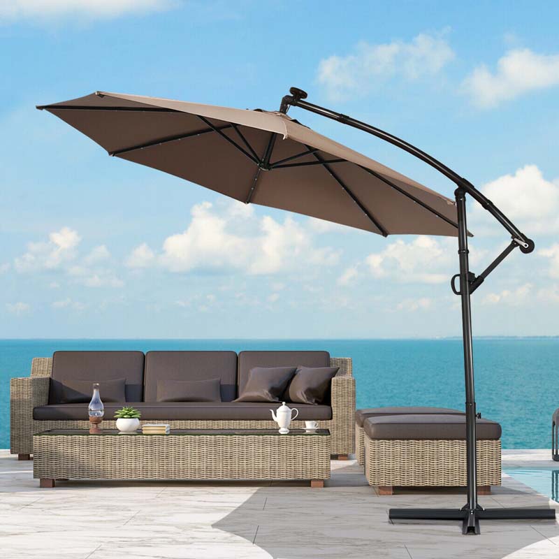 10 FT Patio Offset Umbrella with Solar Lights 360�� Rotation Outdoor Market Umbrella with Crank Handle & Cross Base