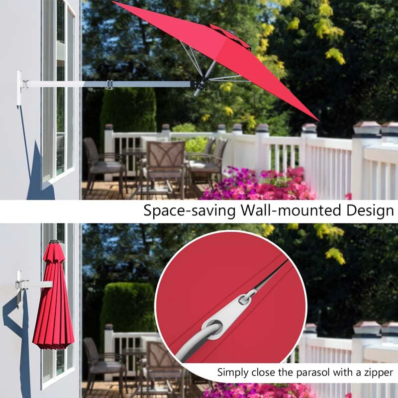 8 FT Patio Wall Mounted Umbrella with Adjustable Pole, Outdoor Tilting Sunshade Umbrella with Wind Vent