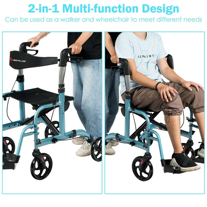 2 in 1 Rollator Walker Wheelchair Folding Medical Walker, Aluminum Transport Chair Mobility Walking Aid
