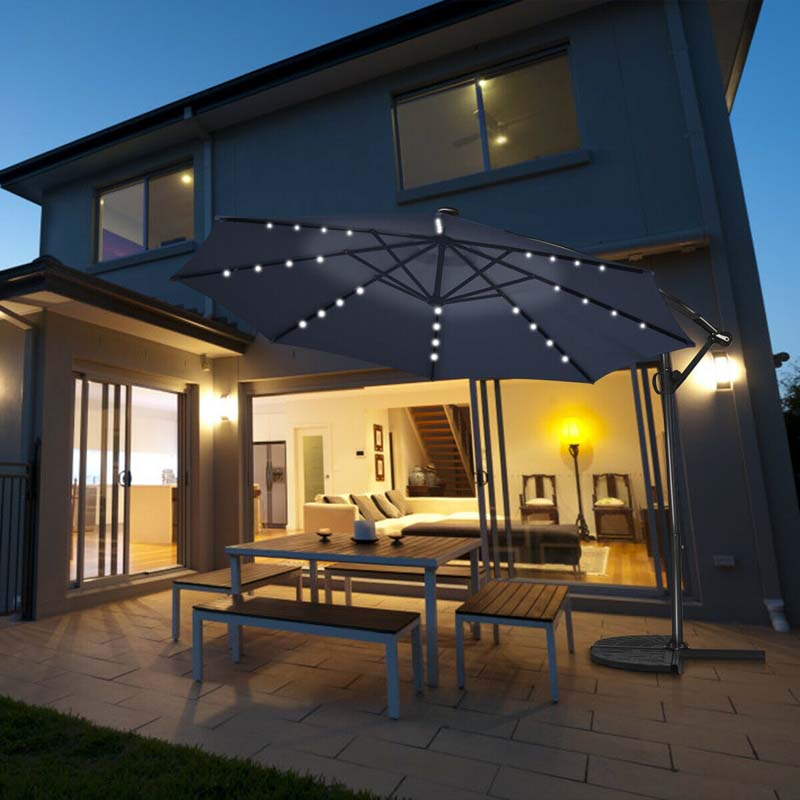 10 FT Patio Offset Umbrella with Solar Lights 360�� Rotation Outdoor Market Umbrella with Crank Handle & Cross Base