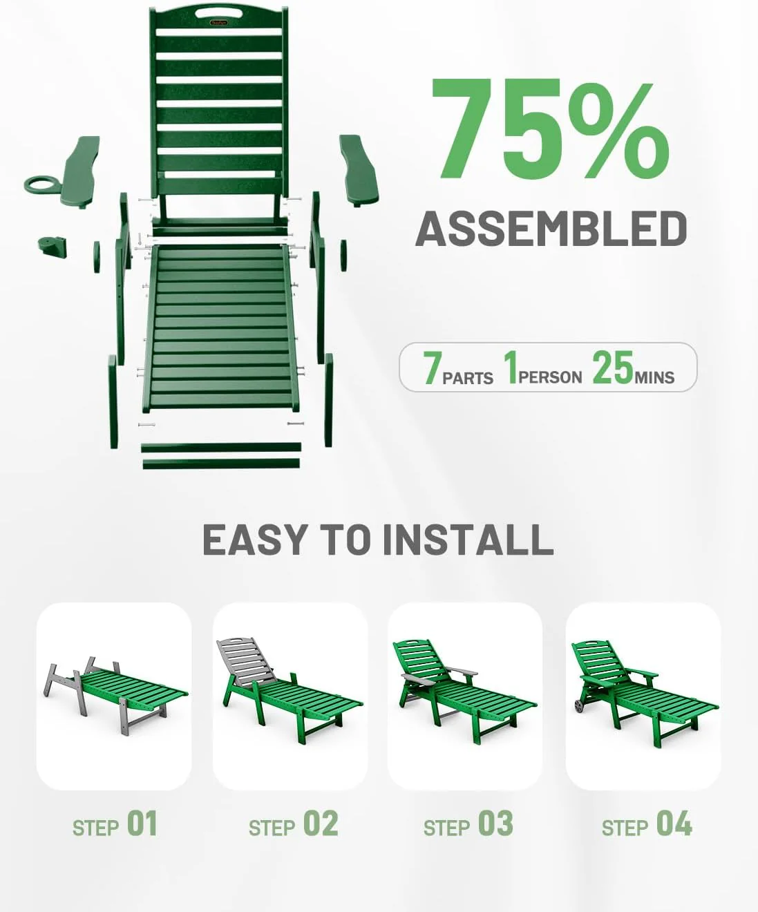 Lounge Chair Outdoor, Chaise Lounge, HDPE 6-Position Outdoor Chaise Lounge, Patio Lounge Chair with Wheels & Cup Holder for Pool Poolside Deck Backyard, Teak