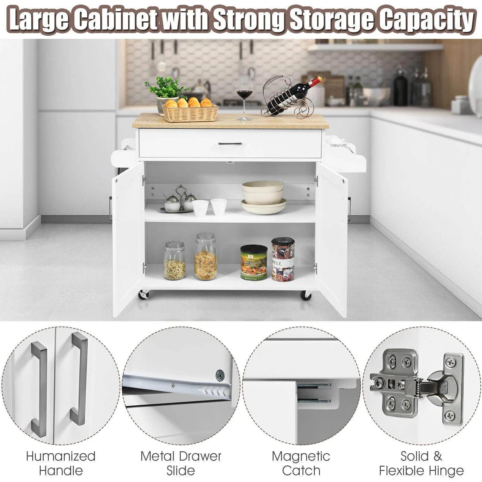 Giantex Wooden Rolling Kitchen Island, Storage Cart Trolley w/ Adjustable Shelf, Spice Storage Sgelf, Towel Rack & Drawer