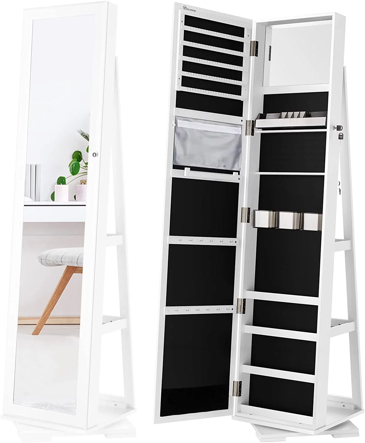 Dextrus 360�� Swivel Jewelry Cabinet, Lockable Standing Jewelry Armoire with Full-Length Mirror, Rear Storage Shelves, White