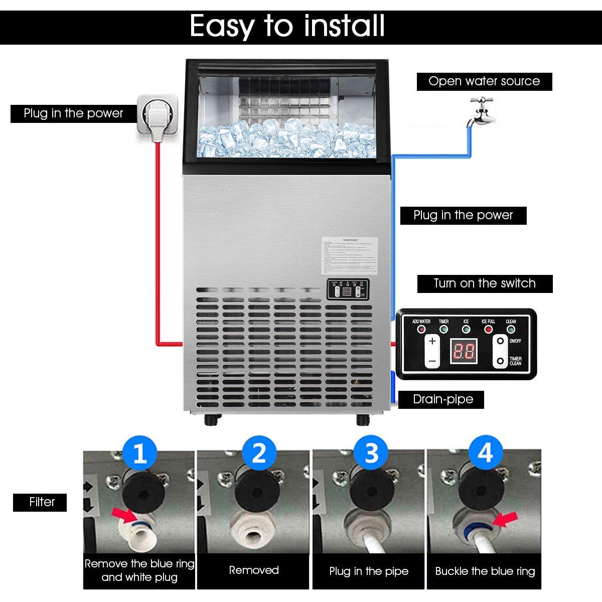 Commercial Home Ice Maker Machine, Built-in Stainless Steel Electric Ice Cube Maker, 33lbs Storage Capacity & Ice Shovel