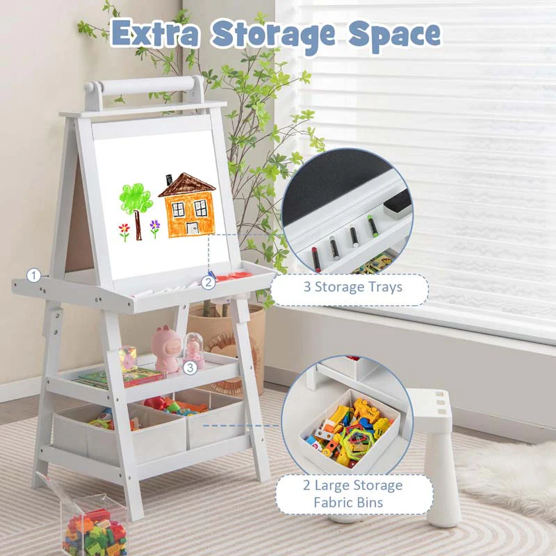 3-in-1 Double-Sided Kids Art Easel, Wooden Storage Toddler Easel with Magnetic White Board & Chalkboard, Paper Roll, Painting Dry Erase