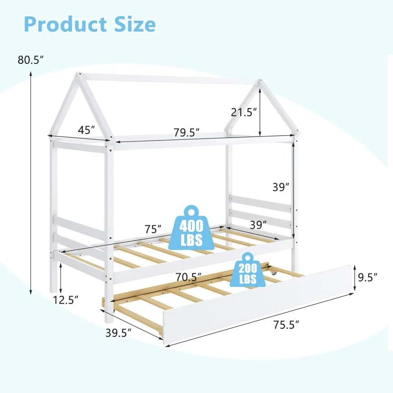 Twin Size House Bed with Trundle, Roof Wooden Platform Bed Frame, Playhouse Twin Bed for Kids Toddlers