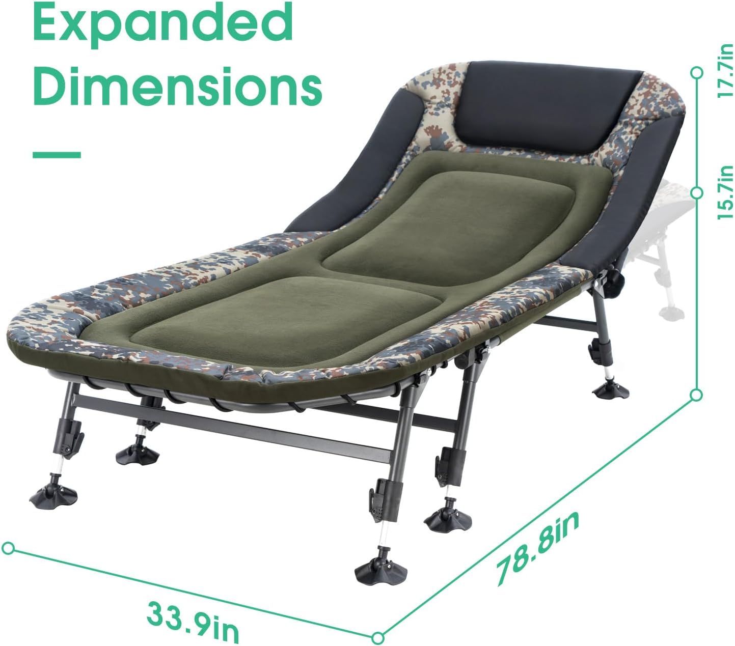 Camping Cots for Adults 330Lbs with Carry Bag, Heavy Duty Folding Bed with Soft Padded Cushion, Portable Military Cot for Hunting, 180�� Adjustable Reclining Outdoor Lounger